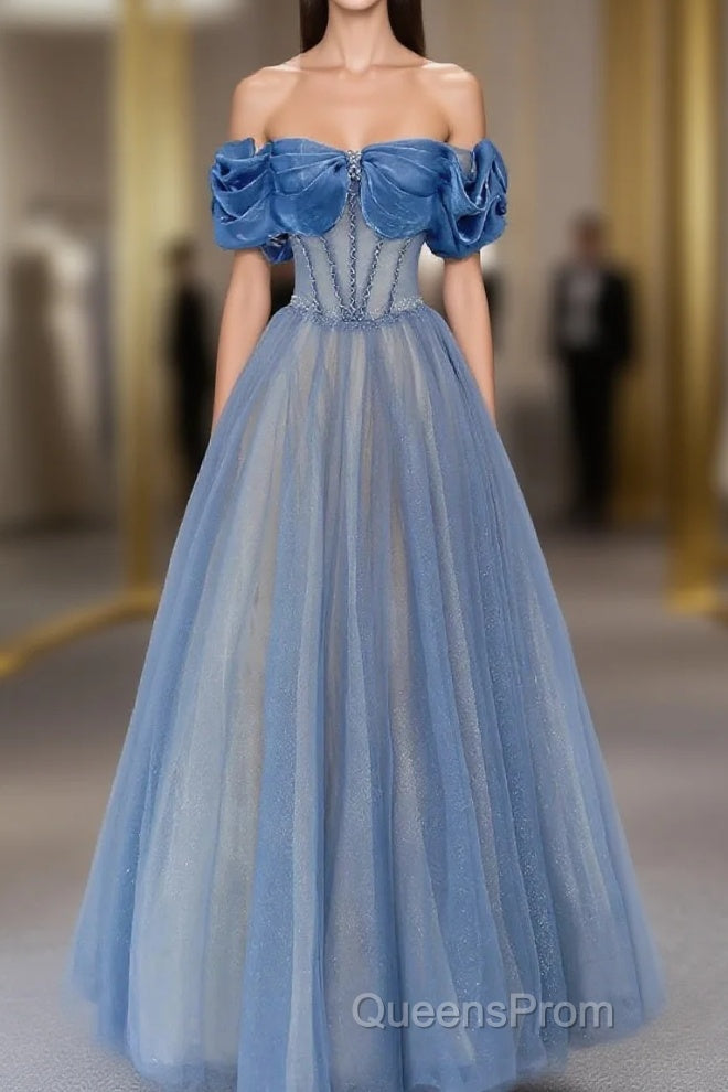 Blue Tulle Beaded Long Evening Prom Dress, Off The Shoulder Evening Party Dress