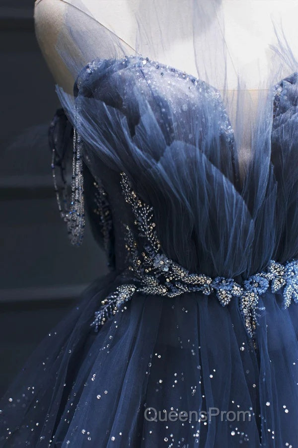 Blue Tulle Beaded Long Senior Evening Prom Dress, A-Line Layers Beaded Long Evening Party Dress Secondary image