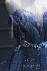 Blue Tulle Beaded Long Senior Evening Prom Dress, A-Line Layers Beaded Long Evening Party Dress
