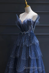 Blue Tulle Beaded Long Senior Evening Prom Dress, A-Line Layers Beaded Long Evening Party Dress