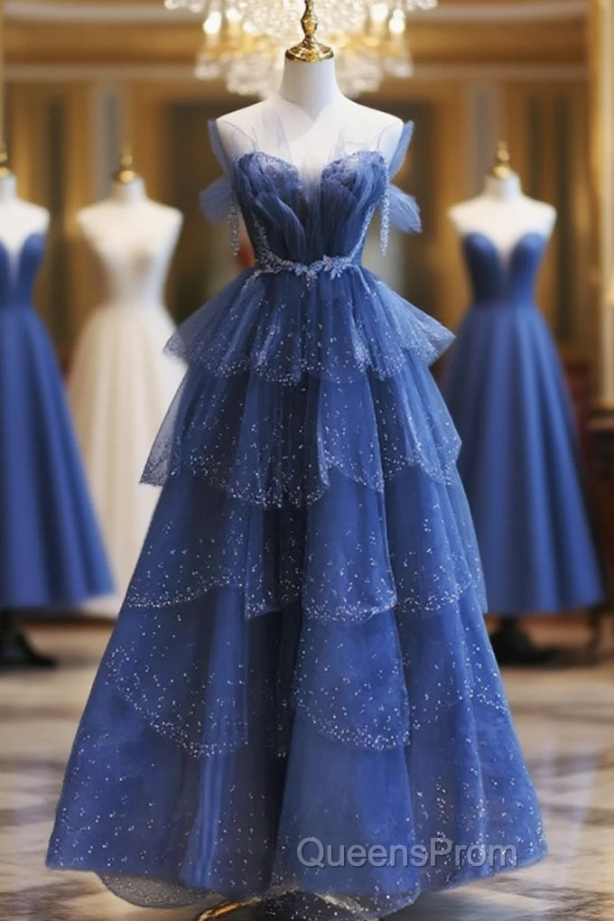 Blue Tulle Beaded Long Senior Evening Prom Dress, A-Line Layers Beaded Long Evening Party Dress Main image