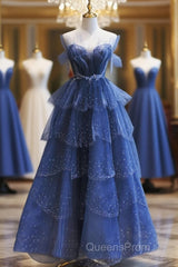 Blue Tulle Beaded Long Senior Evening Prom Dress, A-Line Layers Beaded Long Evening Party Dress