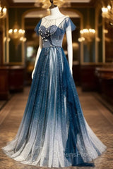 Blue Tulle Beading Long A-Line Evening Prom Dress, Scoop Neckline Evening Dress