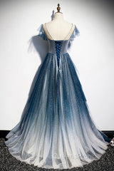 Blue Tulle Beading Long A-Line Evening Prom Dress, Scoop Neckline Evening Dress