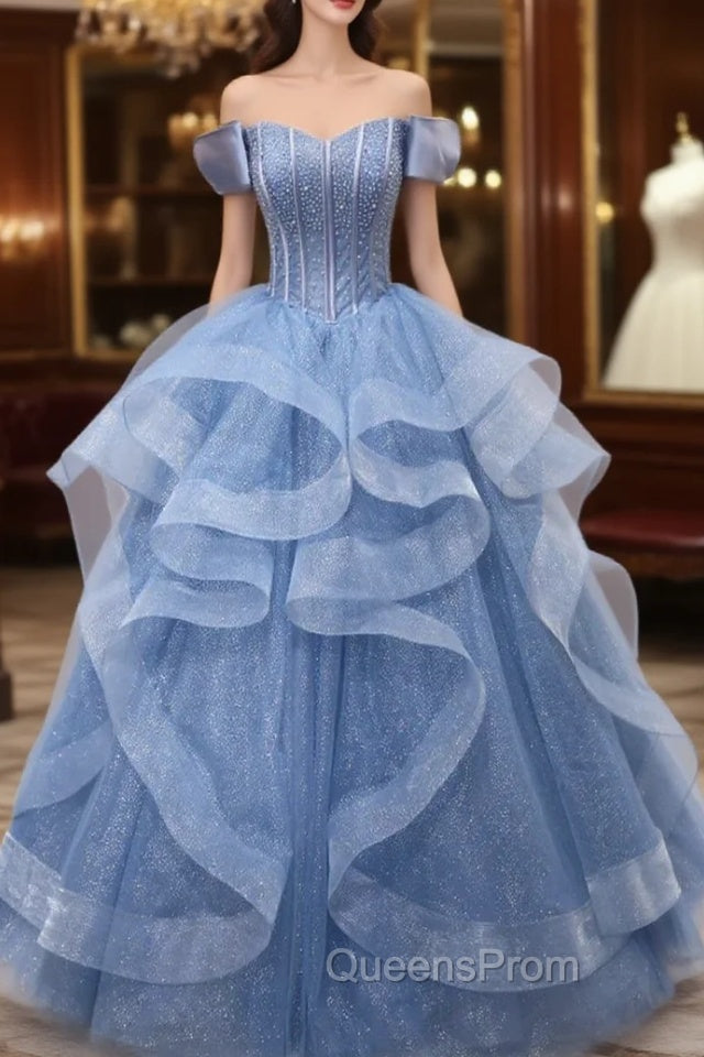 Blue Tulle Beading Off the Shoulder Evening Prom Dress