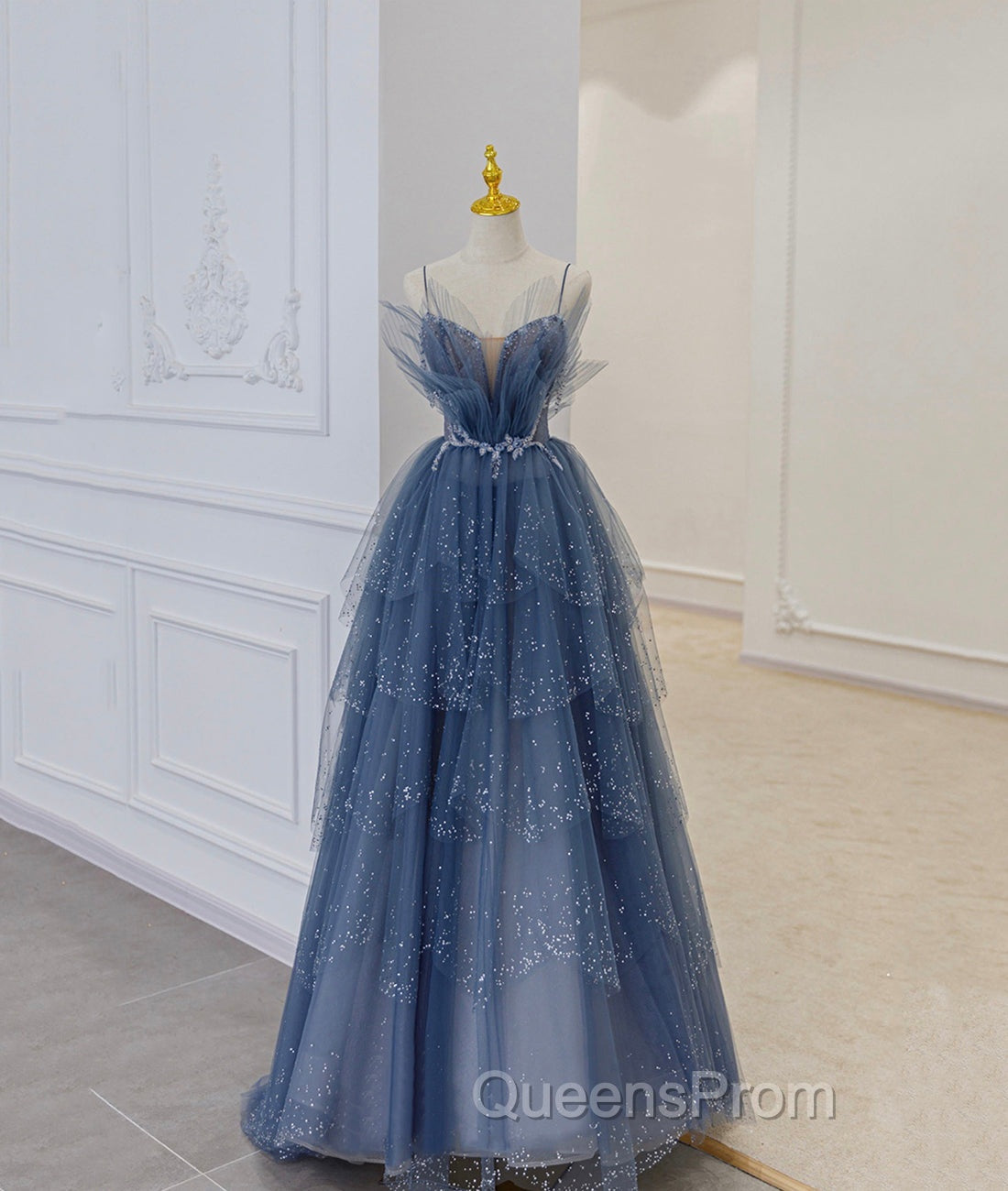 Blue Tulle Beads Long Ball Gown Dress Blue Evening Dress Secondary image
