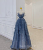 Blue Tulle Beads Long Ball Gown Dress Blue Evening Dress