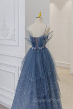 Blue Tulle Beads Long Ball Gown Dress Blue Evening Dress