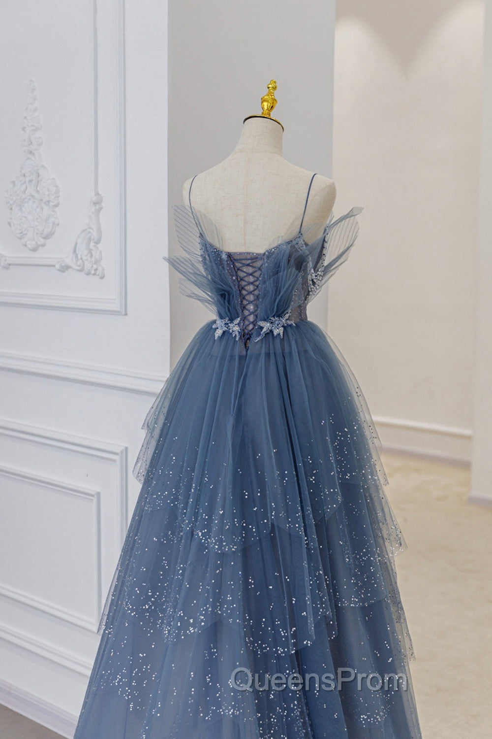 Blue Tulle Beads Long Ball Gown Dress Blue Evening Dress