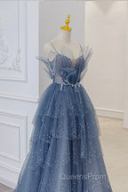 Blue Tulle Beads Long Ball Gown Dress Blue Evening Dress