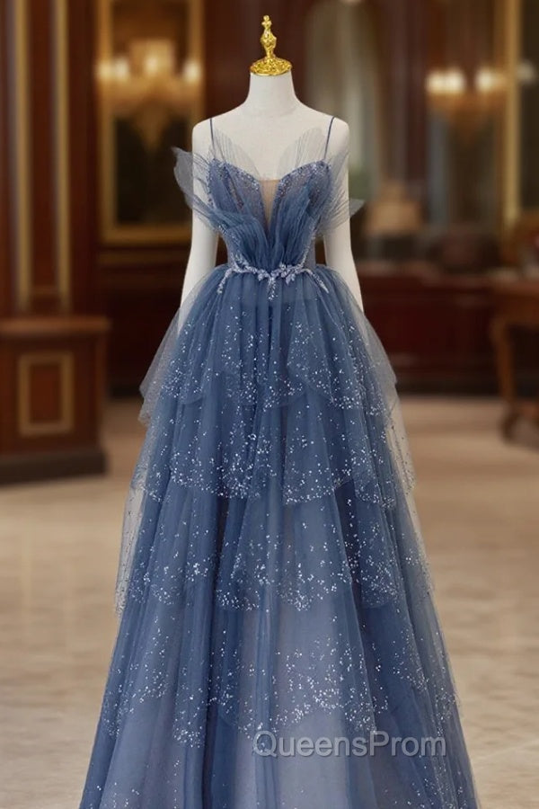Blue Tulle Beads Long Ball Gown Dress Blue Evening Dress Main image