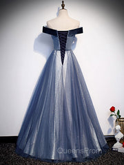 Blue Tulle Beads Long Evening Prom Dress, Blue Tulle Evening Dress