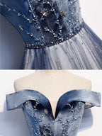Blue Tulle Beads Long Evening Prom Dress, Blue Tulle Evening Dress