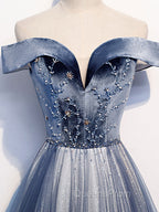 Blue Tulle Beads Long Evening Prom Dress, Blue Tulle Evening Dress