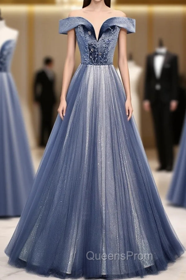 Blue Tulle Beads Long Evening Prom Dress, Blue Tulle Evening Dress Main image