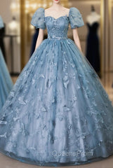 Blue Tulle Butterflu Short Sleeve Quinceanera Dress