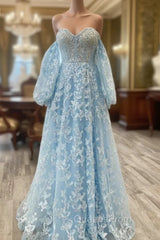 Blue Tulle Butterfly Long Sleeve Evening Prom Dress
