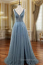 Blue Tulle Deep V-neck Backless Beading Sequins Evening Prom Dress