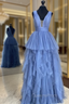 Blue Tulle Deep V-neck Pleats Evening Prom Dress