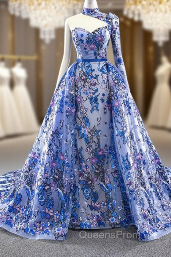 Blue Tulle Embroidery High Neck Long Sleeve Backless Evening Prom Dress