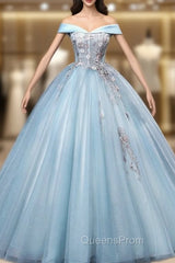 Blue Tulle Embroidery Sequins Off the Shoulder Quinceanera Dress