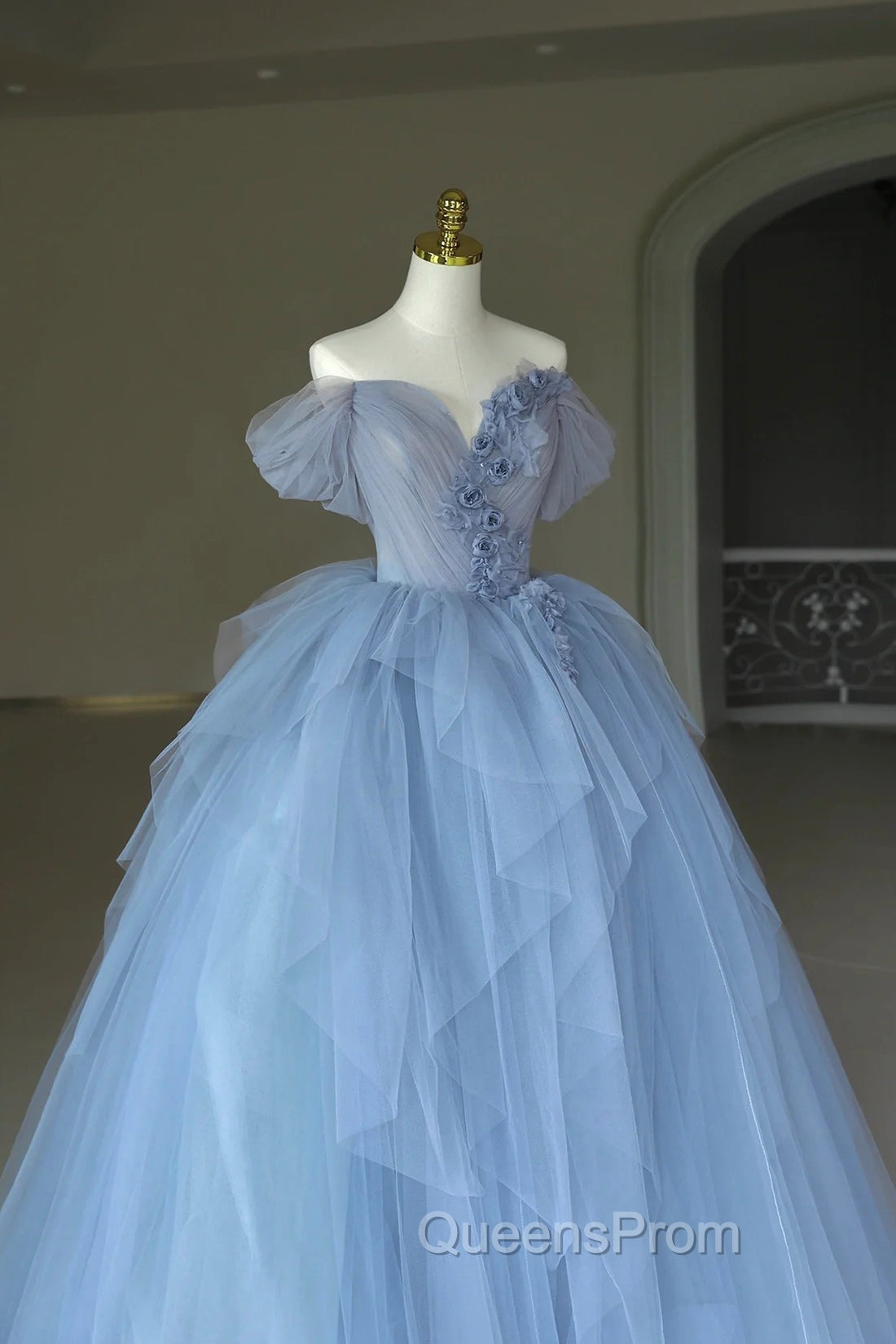 Blue Tulle Floor Length Evening Prom Dress, Off the Shoulder Evening Dress with 3D Flowers Secondary image