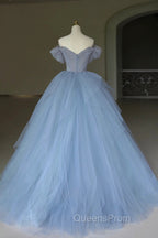 Blue Tulle Floor Length Evening Prom Dress, Off the Shoulder Evening Dress with 3D Flowers