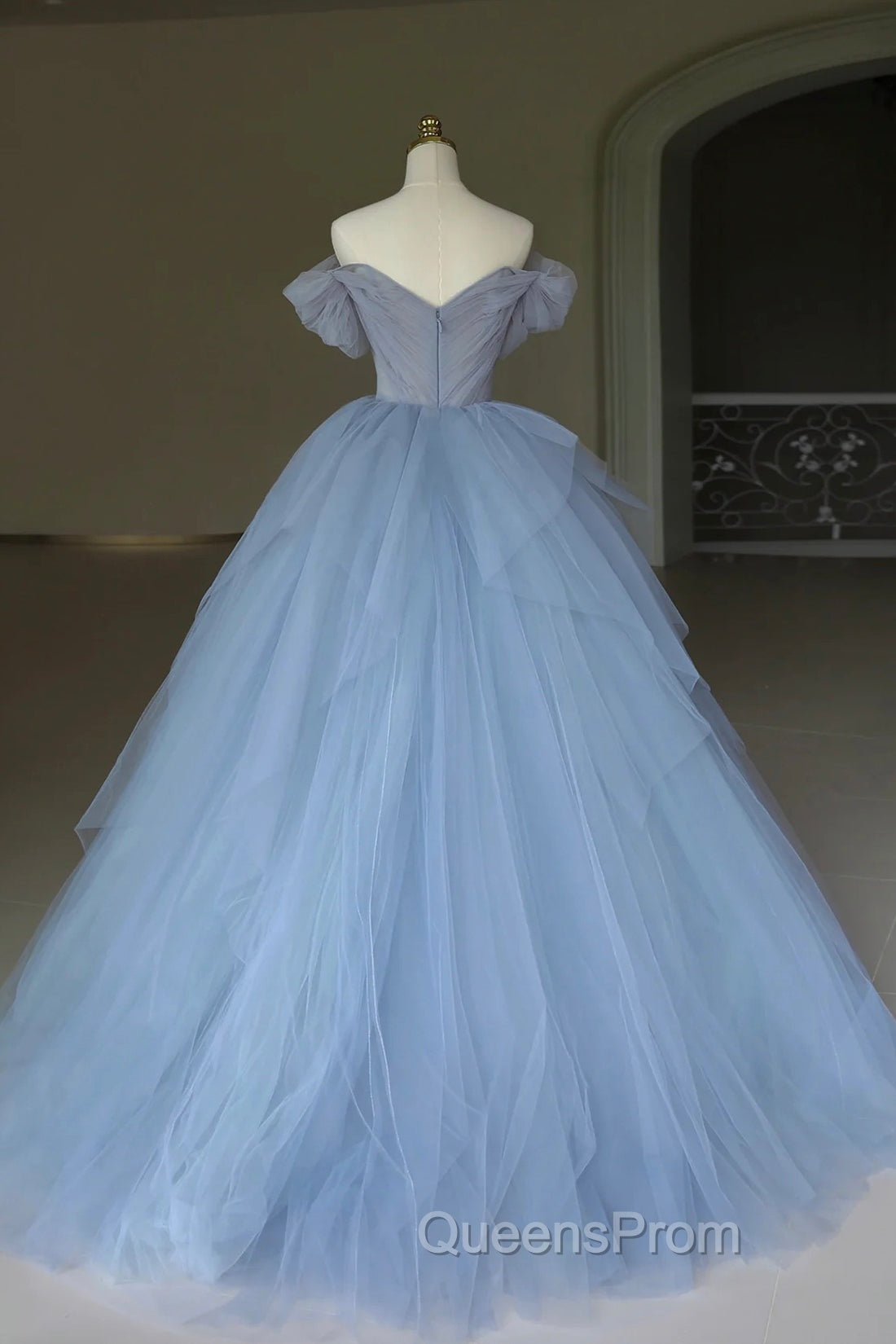 Blue Tulle Floor Length Evening Prom Dress, Off the Shoulder Evening Dress with 3D Flowers