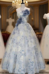 Blue Tulle Flower Strapless Pleats Evening Prom Dress