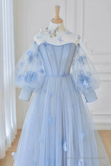 Blue Tulle Flowers Long Prom Dress, Lovely A-Line Puff Sleeve Evening Dress