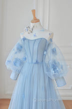 Blue Tulle Flowers Long Evening Prom Dress, Lovely A-Line Puff Sleeve Evening Dress