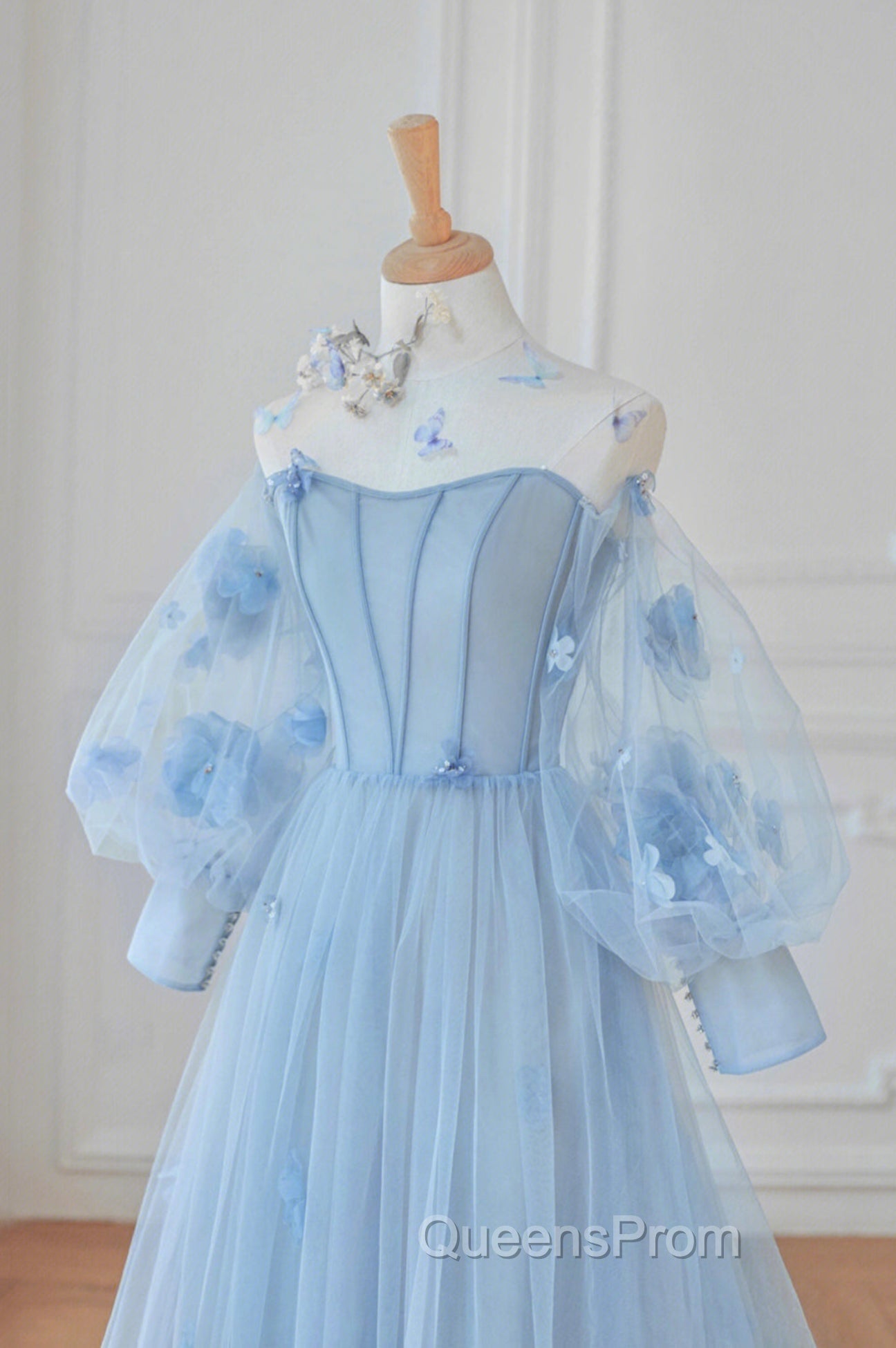 Blue Tulle Flowers Long Evening Prom Dress, Lovely A-Line Puff Sleeve Evening Dress