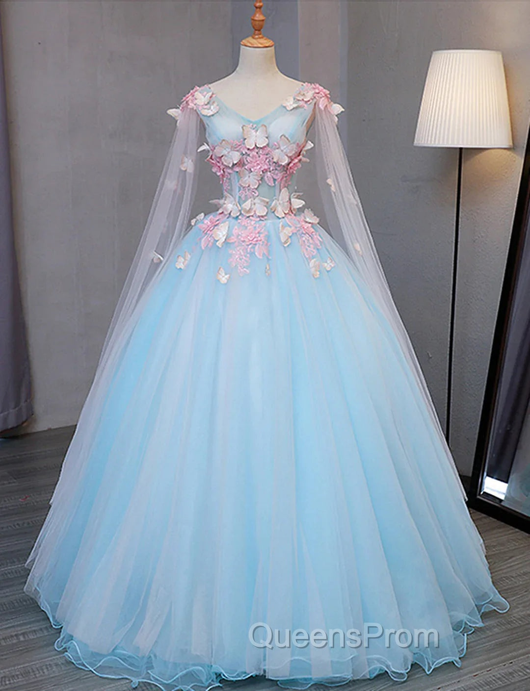 Blue Tulle Evening Dress with Pink Lace Blue Ball Gown Sweet 16 Dress Evening Prom Dress shops
