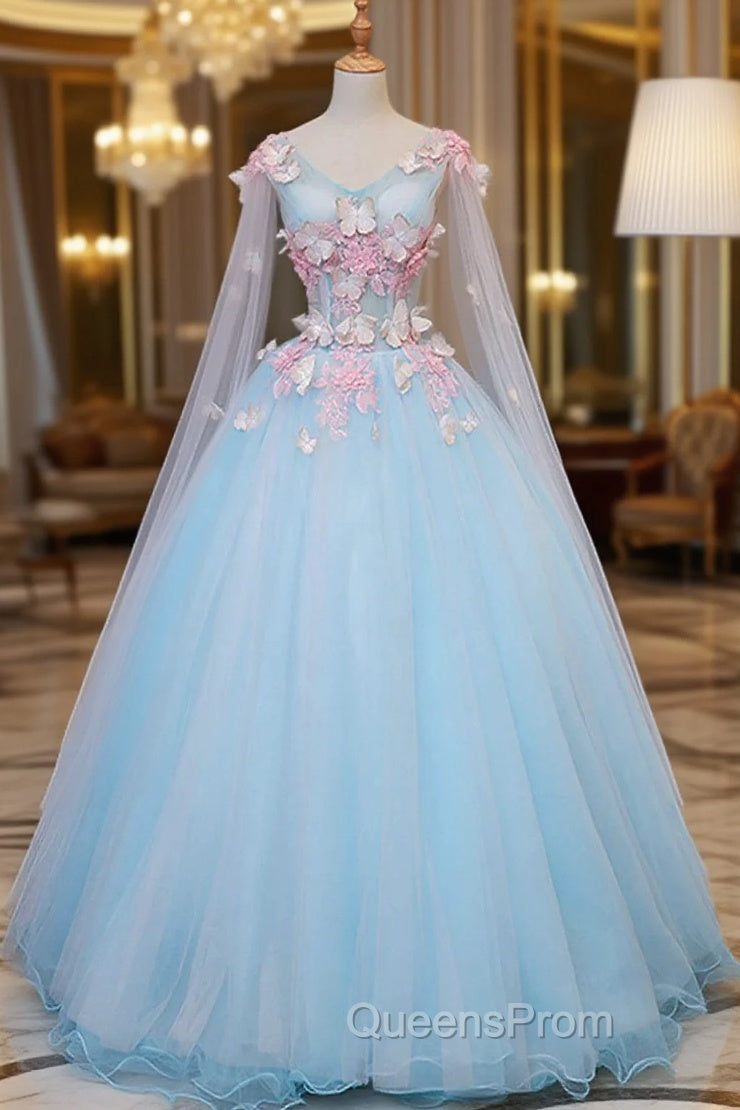 Blue Tulle Evening Dress with Pink Lace Blue Ball Gown Sweet 16 Dress Evening Prom Dress shops Main image