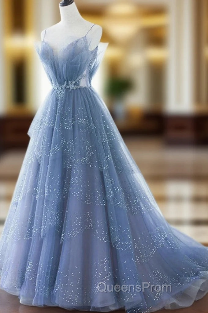 Blue Tulle Gorgeous V Neck Long Evening Prom Dress, A-line Tulle Evening Dress