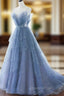 Blue Tulle Gorgeous V Neck Long Evening Prom Dress, A-line Tulle Evening Dress