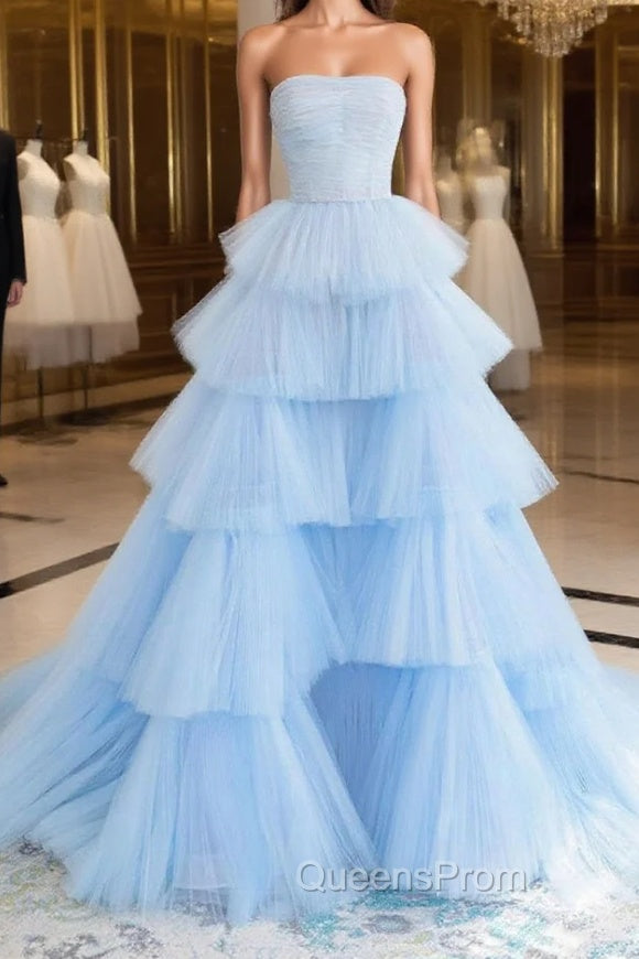 Blue Tulle High Low Evening Prom Dress, Blue Tulle High Low Evening Graduation Dress Main image