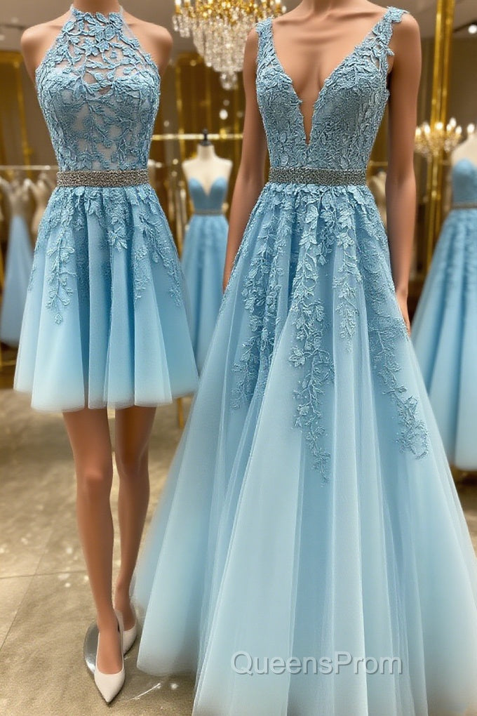 Blue tulle lace A line Evening Prom Dress blue lace tulle formal Dress Main image