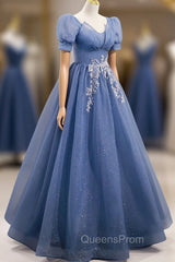 Blue Tulle Lace Floor Length Evening Prom Dress, Blue Short Sleeve Evening Dress