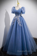 Blue Tulle Lace Floor Length Evening Prom Dress, Blue Short Sleeve Evening Dress