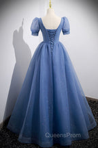 Blue Tulle Lace Floor Length Evening Prom Dress, Blue Short Sleeve Evening Dress