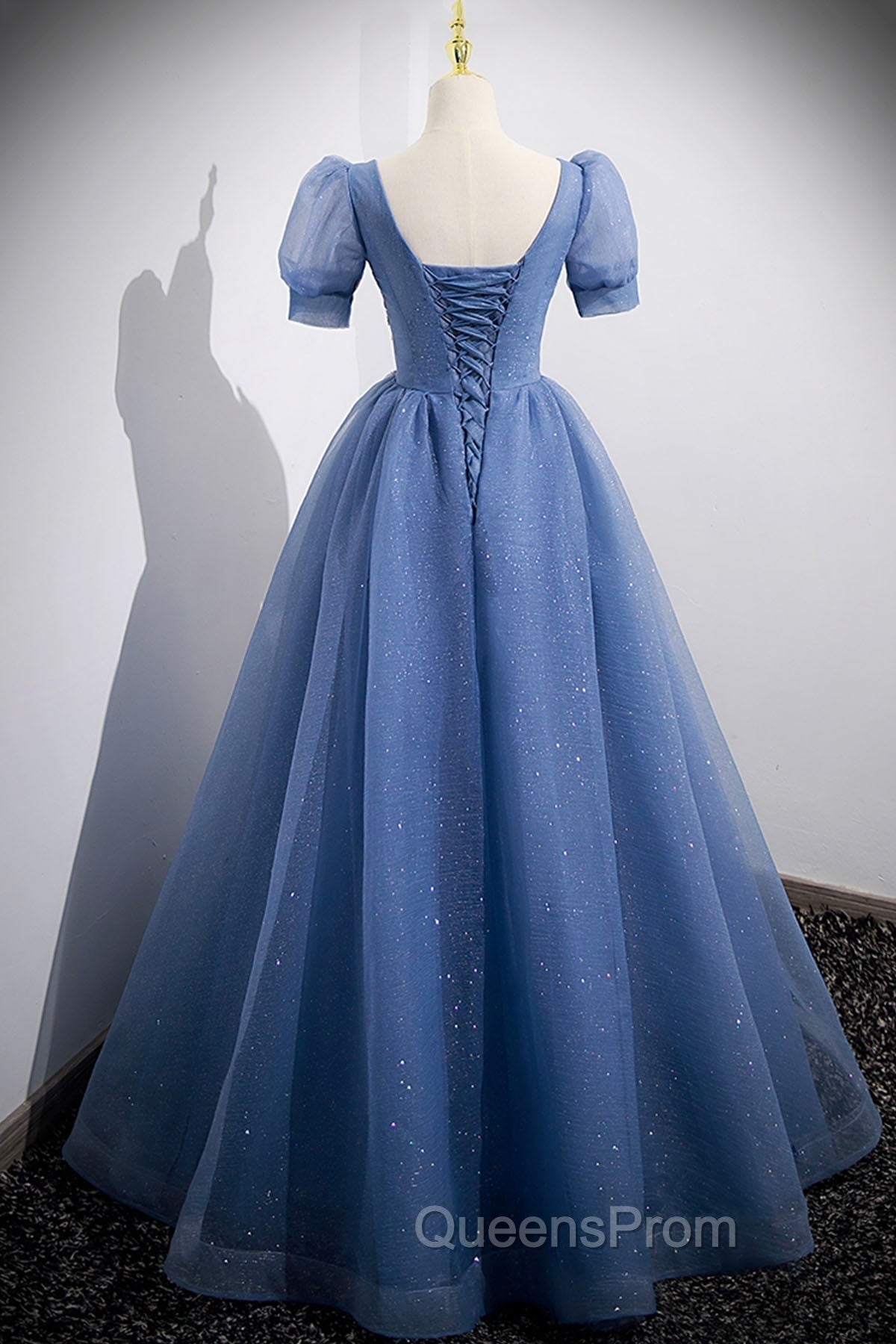 Blue Tulle Lace Floor Length Evening Prom Dress, Blue Short Sleeve Evening Dress