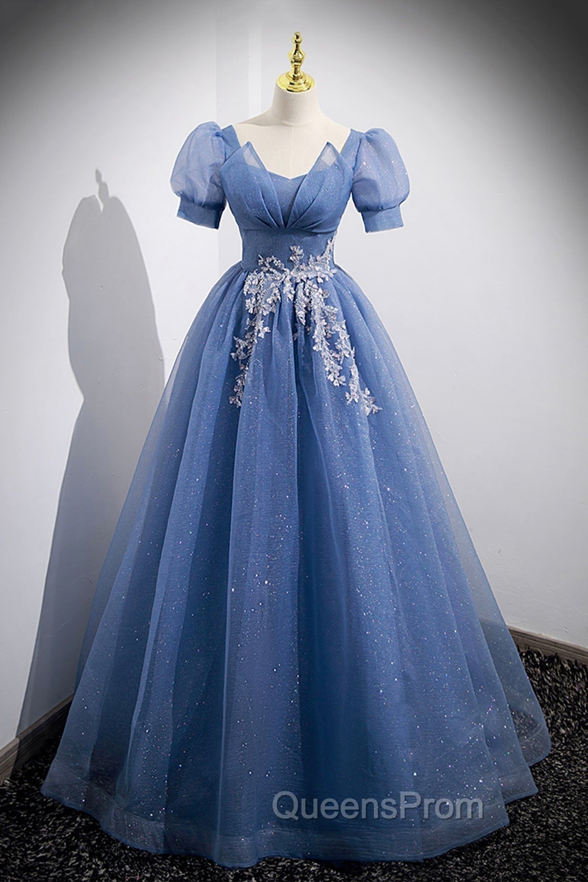 Blue Tulle Lace Floor Length Evening Prom Dress, Blue Short Sleeve Evening Dress