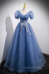 Blue Tulle Lace Floor Length Evening Prom Dress, Blue Short Sleeve Evening Dress