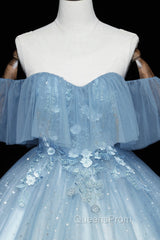 Blue Tulle Lace Long A-Line Ball Gown, Off the Shoulder Evening Gown