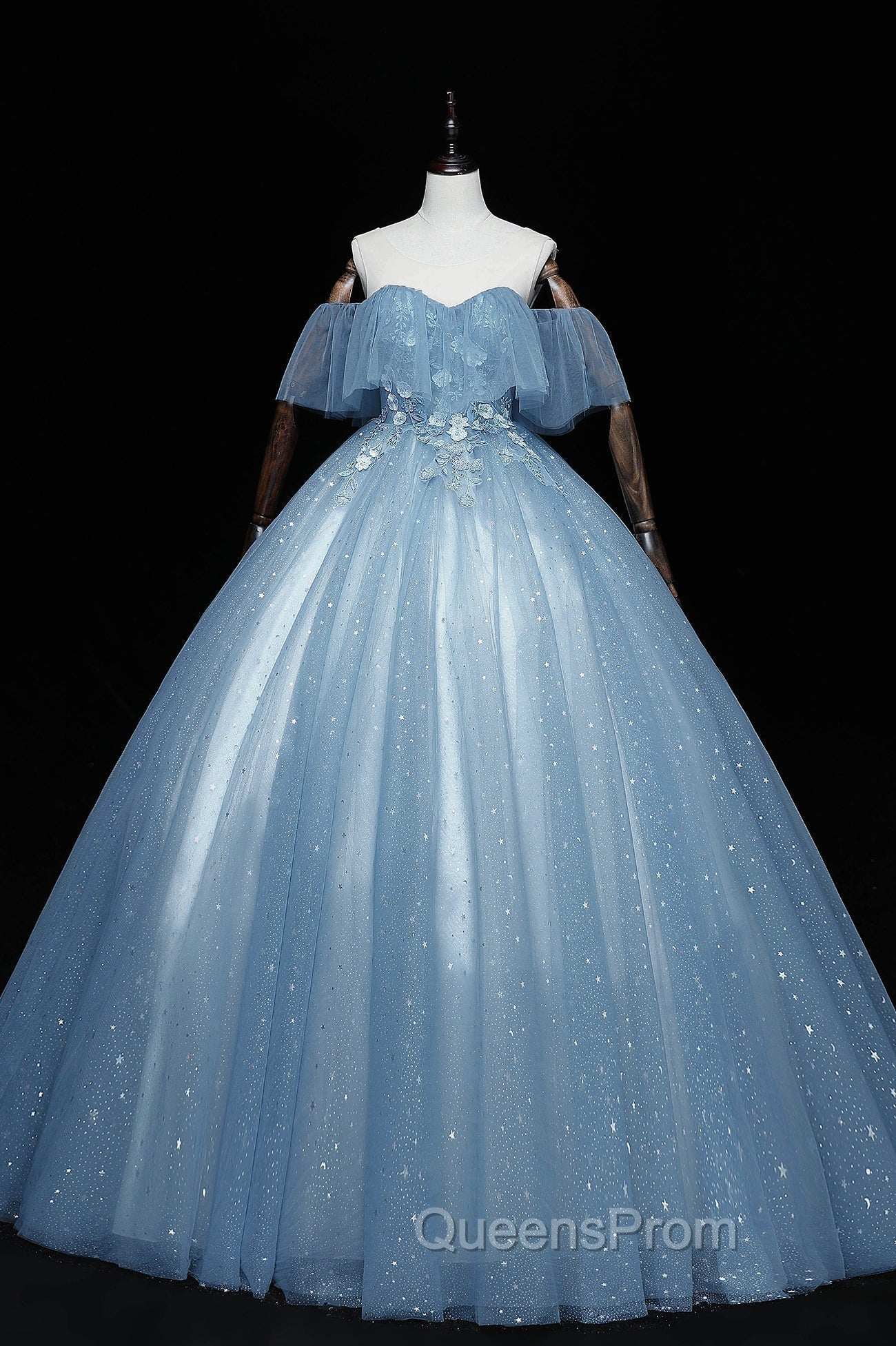 Blue Tulle Lace Long A-Line Ball Gown, Off the Shoulder Evening Gown Main image
