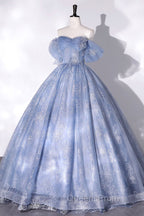 Blue Tulle Lace Long Ball Gown, Off The Shoulder Evening Gown