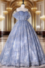 Blue Tulle Lace Long Ball Gown, Off The Shoulder Evening Gown