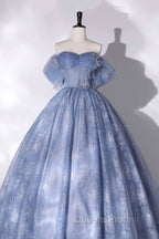 Blue Tulle Lace Long Ball Gown, Off The Shoulder Evening Gown