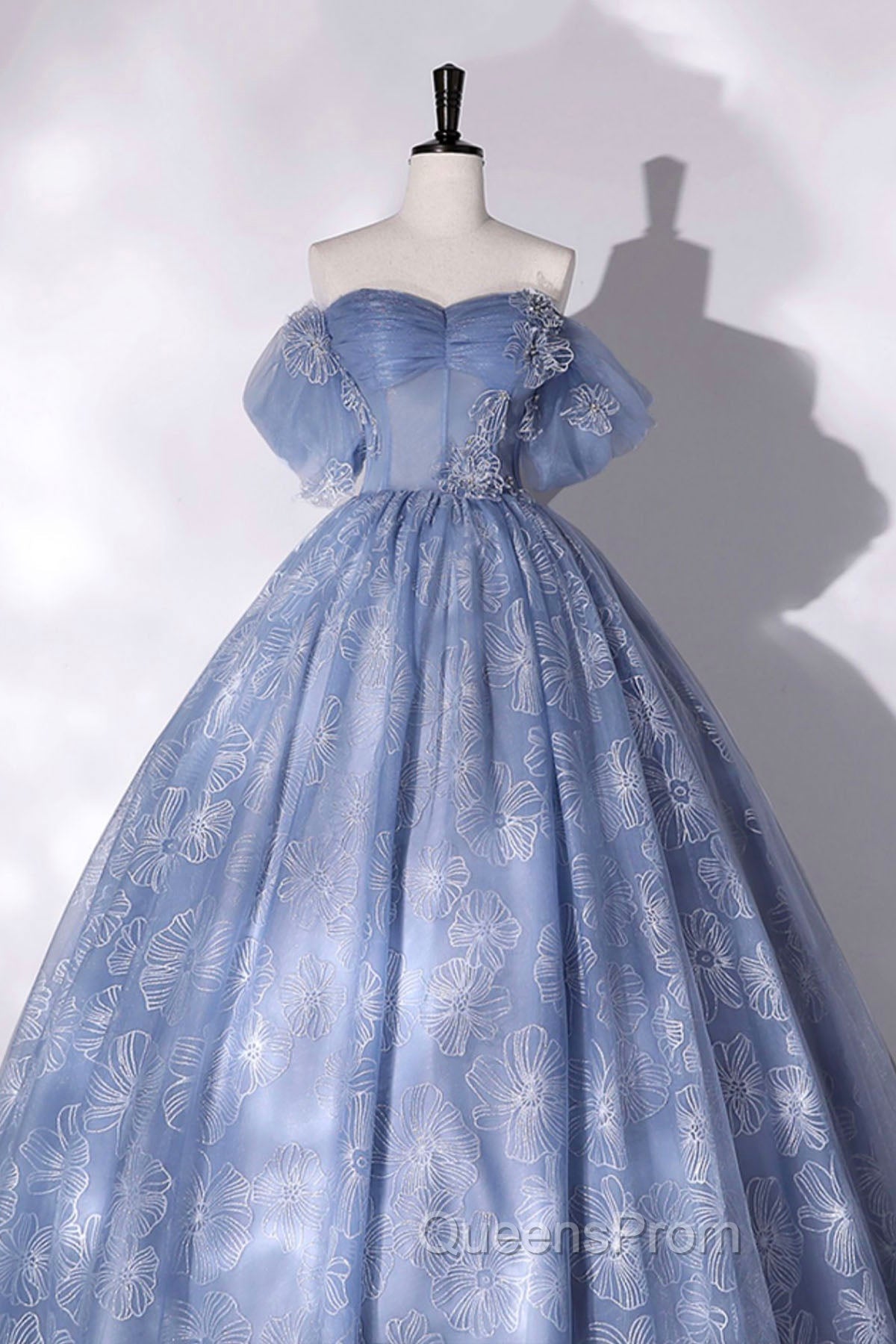 Blue Tulle Lace Long Ball Gown, Off The Shoulder Evening Gown